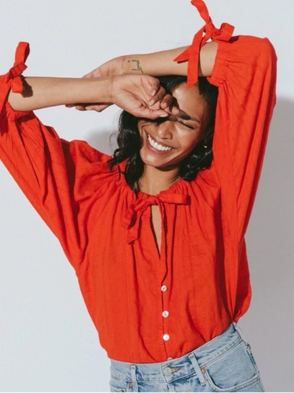 Cleobella Rylan Tie Neck Button‎ Up Blouse Cherry Red XS 100% Organic Cotton